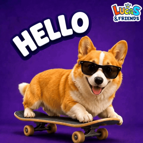 a corgi wearing sunglasses is on a skateboard with the words hello lucas & friends above it