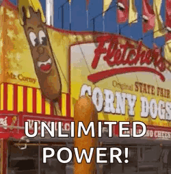 A Corn Dog Is Being Held Up In Front Of A Sign That Says `` Unlimited Power '' . GIF