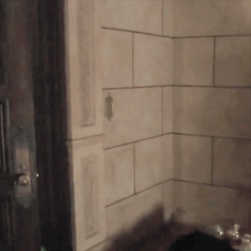 A Corner Of A Bathroom With A Door And A Shadow On The Wall GIF