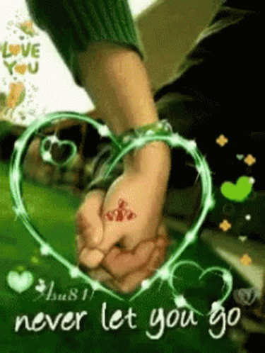 A Couple Holding Hands In Front Of A Heart That Says Never Let You Go . GIF