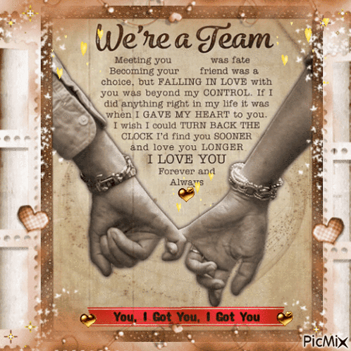 A Couple Holding Hands With The Words We 'Re A Team Written Above Them GIF