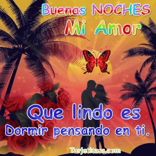 A Couple Kissing In Front Of Palm Trees With A Butterfly And The Words Buenas Noches Mi Amor GIF