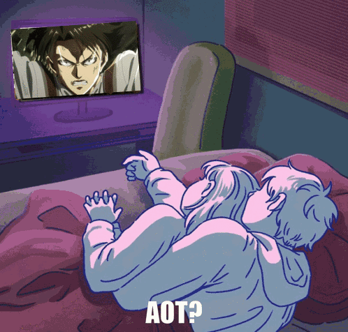 A Couple Laying On A Bed Watching A Tv With The Words Aot On The Bottom Left GIF