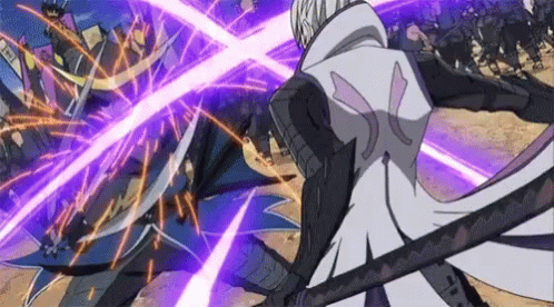 A Couple Of Anime Characters Are Fighting Each Other With Swords And Purple Lights . GIF