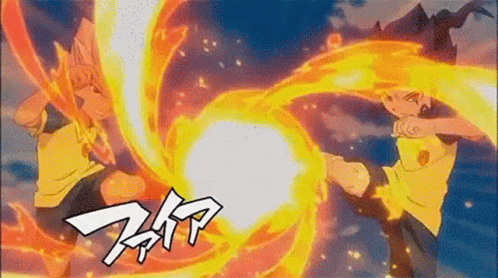 A Couple Of Anime Characters Are Fighting With Fire Coming Out Of Their Mouths . GIF