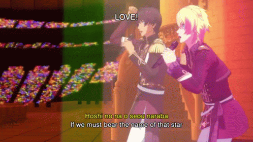 A Couple Of Anime Characters Are Standing Next To Each Other And One Of Them Says " Love " GIF