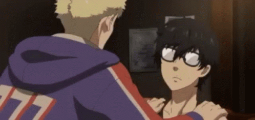 A Couple Of Anime Characters Are Standing Next To Each Other In A Room . One Of The Characters Is Wearing Glasses . GIF