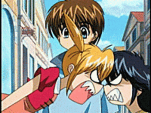 A Couple Of Anime Characters Are Standing Next To Each Other On A Street GIF