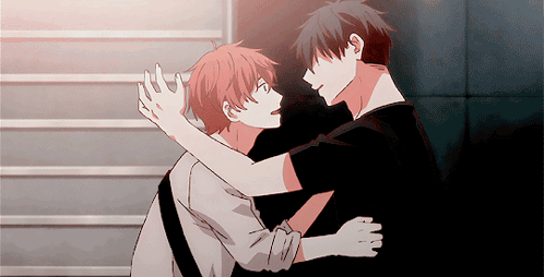 A Couple Of Anime Characters Hugging Each Other While Standing Next To Each Other GIF