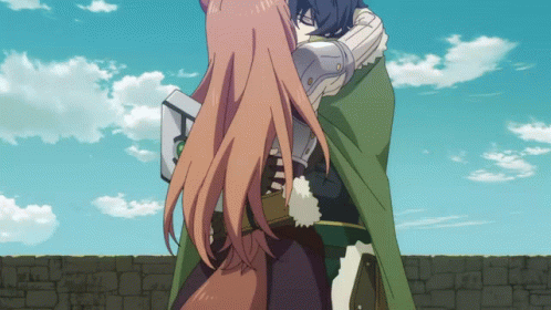 A Couple Of Anime Characters Hugging Each Other With A Blue Sky Behind Them GIF