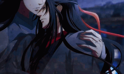 A Couple Of Anime Characters Hugging Each Other With Long Hair GIF