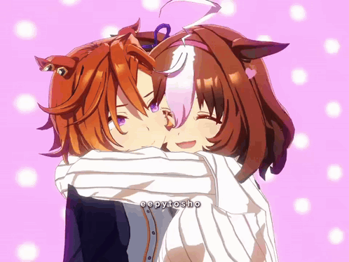 A Couple Of Anime Characters Hugging Each Other With The Words Eepy Tosho On The Bottom GIF