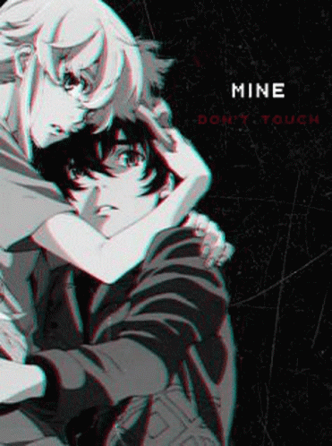 A Couple Of Anime Characters Hugging Each Other With The Words Mine Don 'T Touch GIF