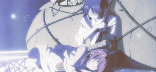 A Couple Of Anime Characters Laying Next To Each Other With The Letter V In The Background GIF