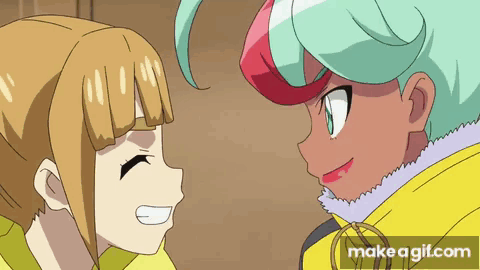 A Couple Of Anime Characters Looking At Each Other With Make A Gif.com At The Bottom GIF