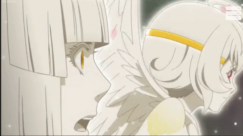 A Couple Of Anime Characters Looking At Each Other With The Letters Nb On The Bottom Left GIF