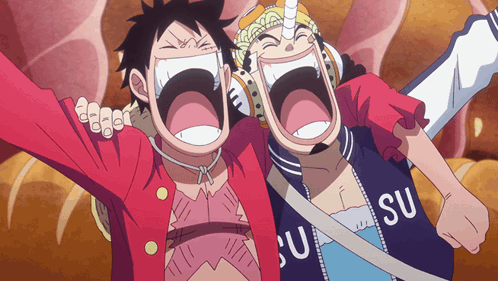 A Couple Of Anime Characters One Of Whom Is Wearing A Shirt That Says ' Su ' On It GIF