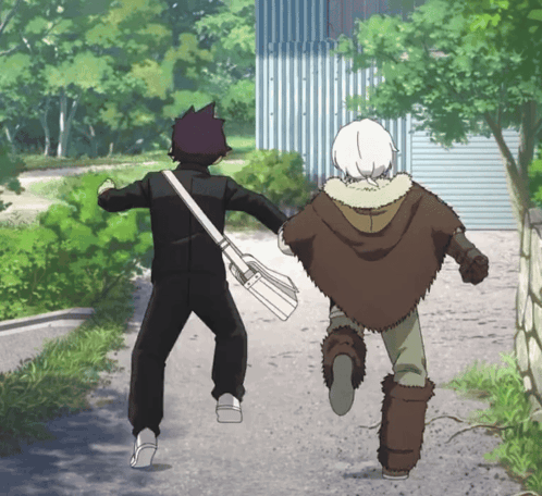 A Couple Of Anime Characters Running Down A Path GIF
