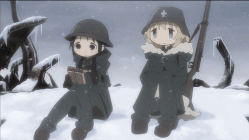 A Couple Of Anime Characters Sitting In The Snow GIF