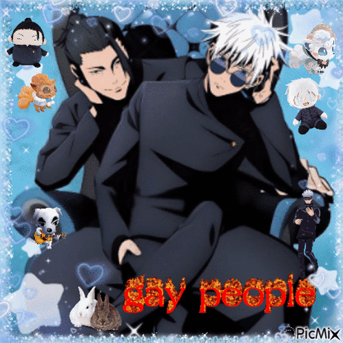 A Couple Of Anime Characters Sitting Next To Each Other With The Words Gay People On The Bottom GIF