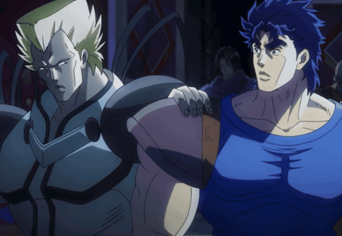 A Couple Of Anime Characters Standing Next To Each Other And One Has A Blue Shirt On GIF