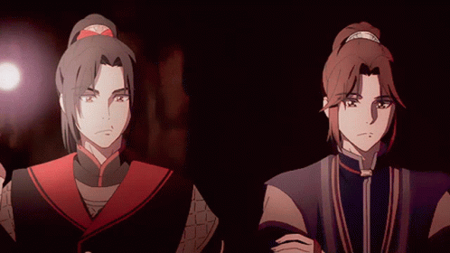 A Couple Of Anime Characters Standing Next To Each Other In A Dark Room GIF