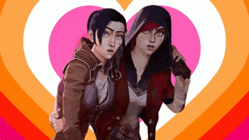A Couple Of Anime Characters Standing Next To Each Other In Front Of A Heart GIF