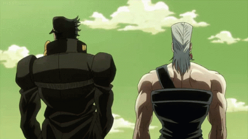 A Couple Of Anime Characters Standing Next To Each Other Looking At The Sky GIF