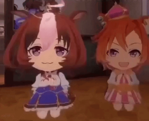 A Couple Of Anime Characters Standing Next To Each Other On A Floor . GIF
