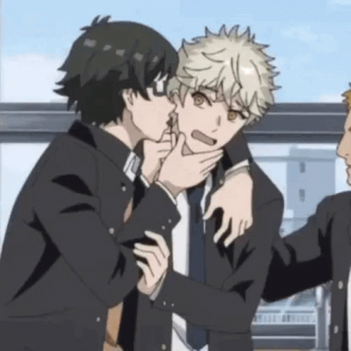 A Couple Of Anime Characters Standing Next To Each Other . One Of The Characters Is Kissing The Other On The Cheek . GIF