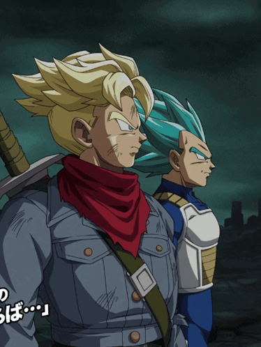 A Couple Of Anime Characters Standing Next To Each Other With Japanese Writing GIF