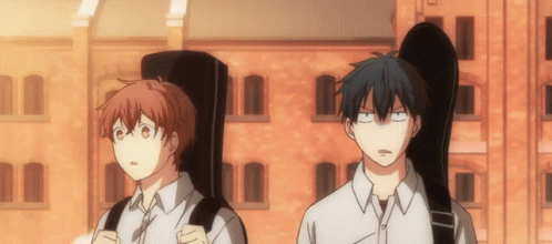 A Couple Of Anime Characters Standing Next To Each Other With One Carrying A Guitar Case GIF