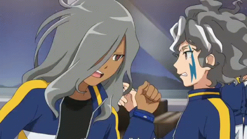 A Couple Of Anime Characters Standing Next To Each Other With One Having A Lightning Bolt On His Face GIF