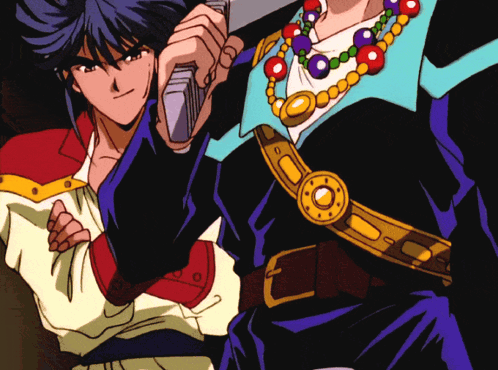 A Couple Of Anime Characters Standing Next To Each Other With One Holding A Sword GIF