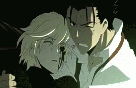 A Couple Of Anime Characters Standing Next To Each Other With One Of Them Having A Bloody Eye GIF