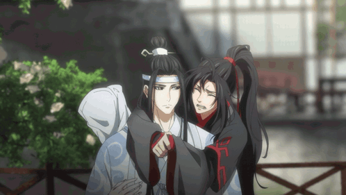 A Couple Of Anime Characters Standing Next To Each Other With One Of Them Having A Ponytail GIF