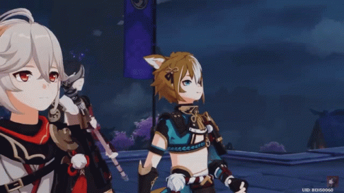 A Couple Of Anime Characters Standing Next To Each Other With The Id # 3150666 On The Bottom Right GIF
