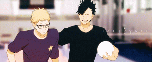 A Couple Of Anime Characters Standing Next To Each Other With The Word Haikyuu On The Bottom GIF