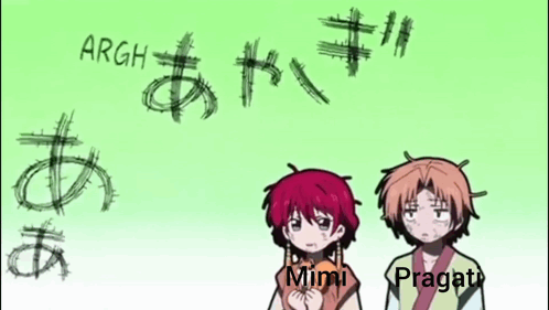 A Couple Of Anime Characters Standing Next To Each Other With The Words Argh Mimi Pragati Written On The Bottom GIF