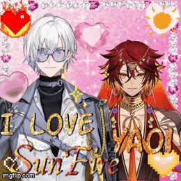 A Couple Of Anime Characters Standing Next To Each Other With The Words " I Love Yaoi Sun Eve " GIF