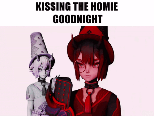 A Couple Of Anime Characters Standing Next To Each Other With The Words Kissing The Homie Goodnight Below Them GIF