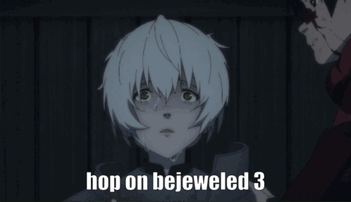 A Couple Of Anime Characters With The Words Hop On Bejeweled 3 On The Bottom GIF