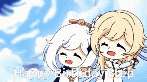 A Couple Of Anime Girls Are Standing Next To Each Other And Singing Happy Birthday Step . GIF