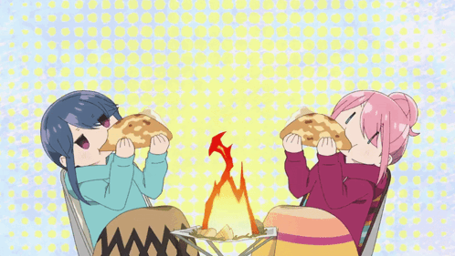 A Couple Of Anime Girls Eating Food In Front Of A Fire GIF