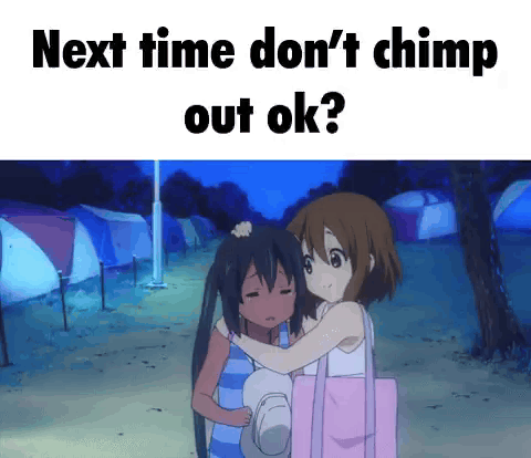A Couple Of Anime Girls Hugging Each Other With The Words Next Time Don 'T Chimp Out Ok . GIF