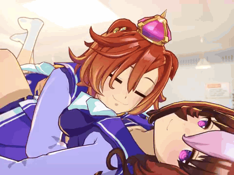 A Couple Of Anime Girls Laying On Top Of Each Other With One Wearing A Crown GIF