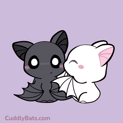 A Couple Of Bats Are Sitting Next To Each Other On A Purple Background With The Website Cuddlybats.com GIF
