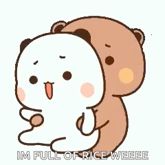 A Couple Of Bears Hugging Each Other With The Words `` I 'M Full Of Rice Weeeee '' . GIF