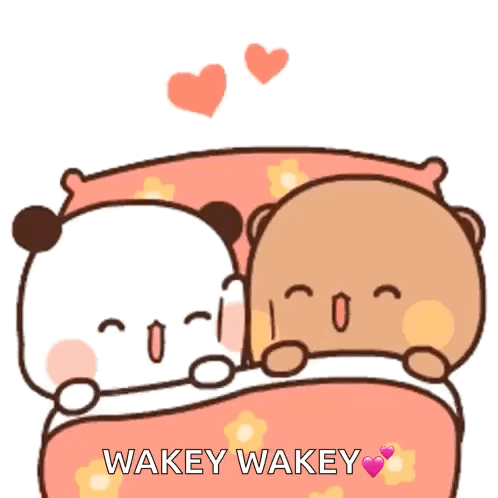 A Couple Of Bears Laying On A Bed With The Words Wakey Wakey Written Below Them GIF