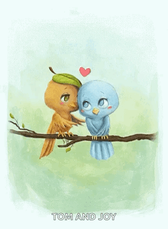 A Couple Of Birds Sitting On A Branch With The Words Tom And Joy Written Below Them GIF
